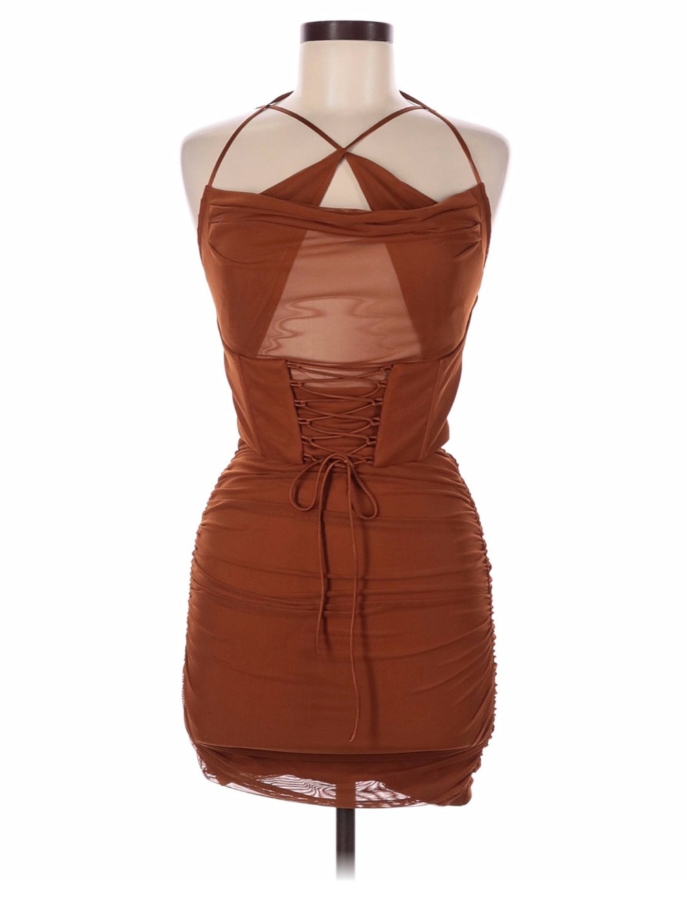 Oh Polly Rust Brown Lace-Up Ruched Cami Dress